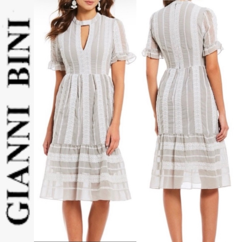 Gianni Bini Eryn Crochet gray/white Stripe Midi Dress small